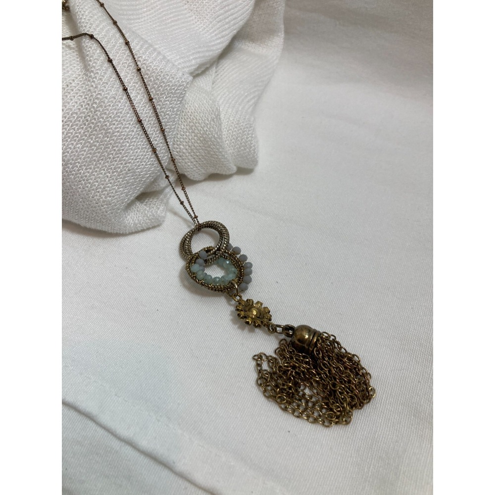 Boho‎ Lariat Tassel Necklace Bronze Tone Aqua Faceted Beads Layering Stackable - Picture 5 of 13